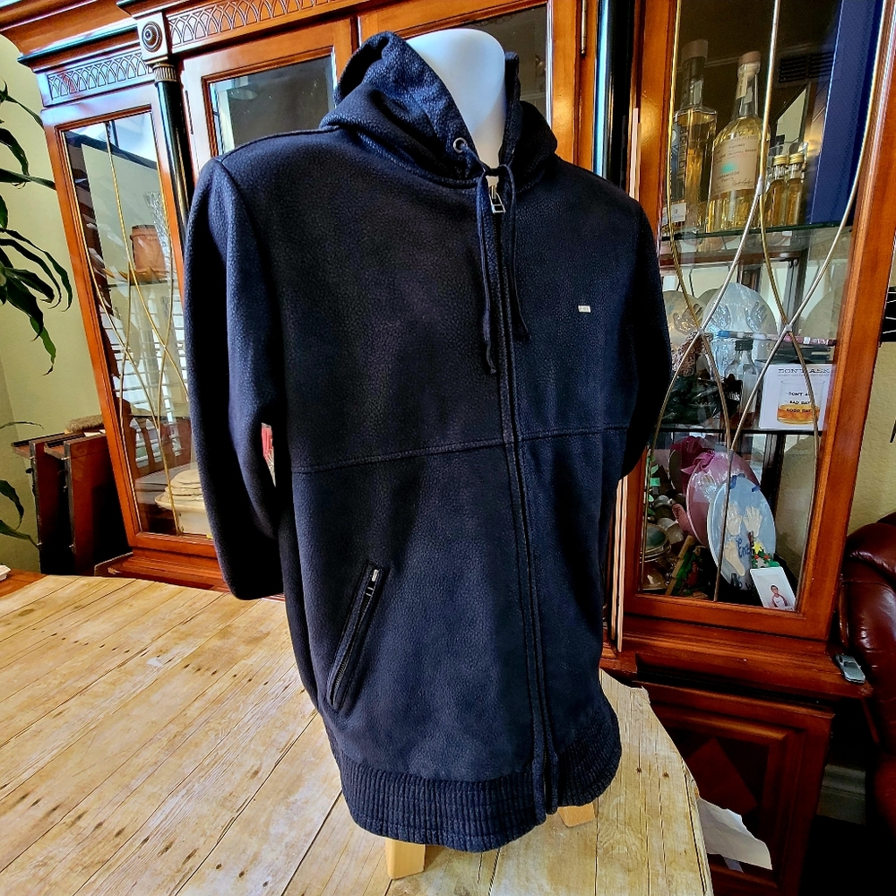 OBEY Propaganda Men's Full Zip Hoodie Bomber Jacket in Black Faux Leather Size M